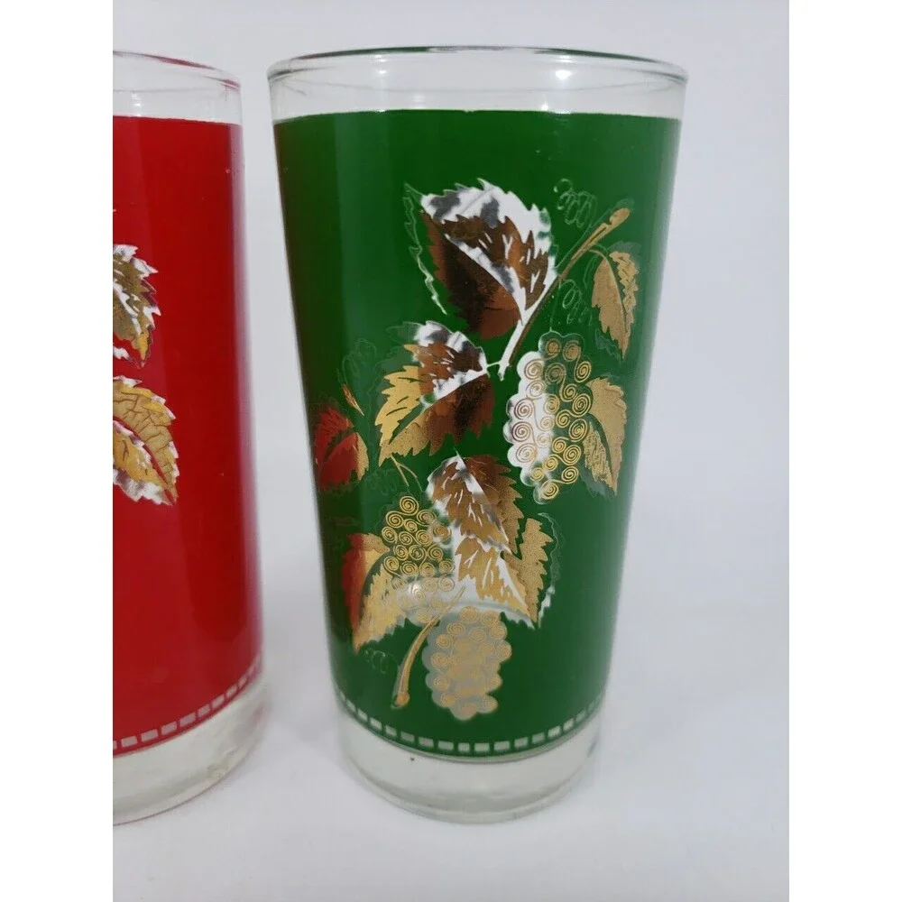 Vintage Libbey Grape Leaf Design Glasses Red Green Gold Christmas 12 oz MCM USA